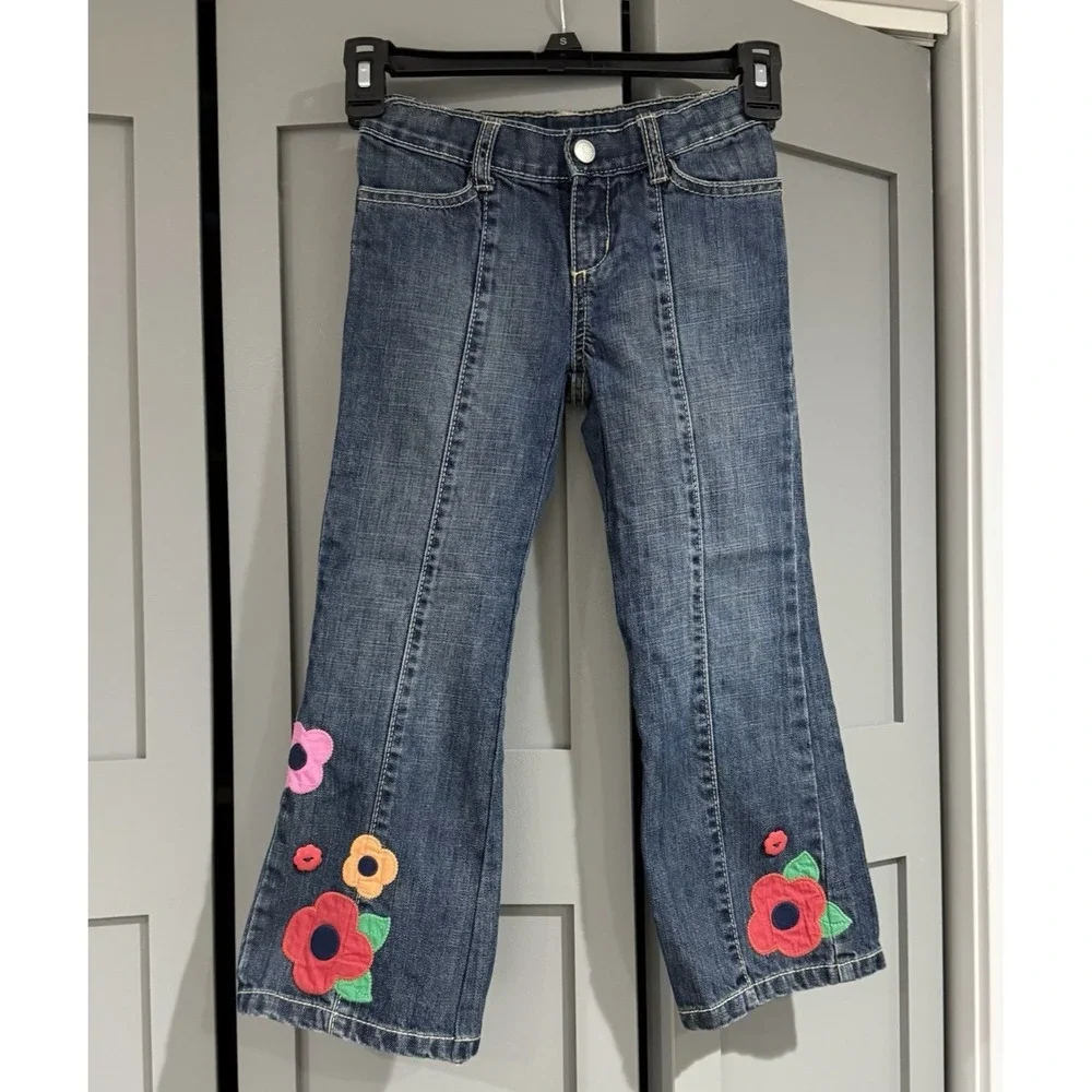 Gymboree Girls Floral Flare Stone Washed Boot Cut Jeans Size 5 Flowers Buttons